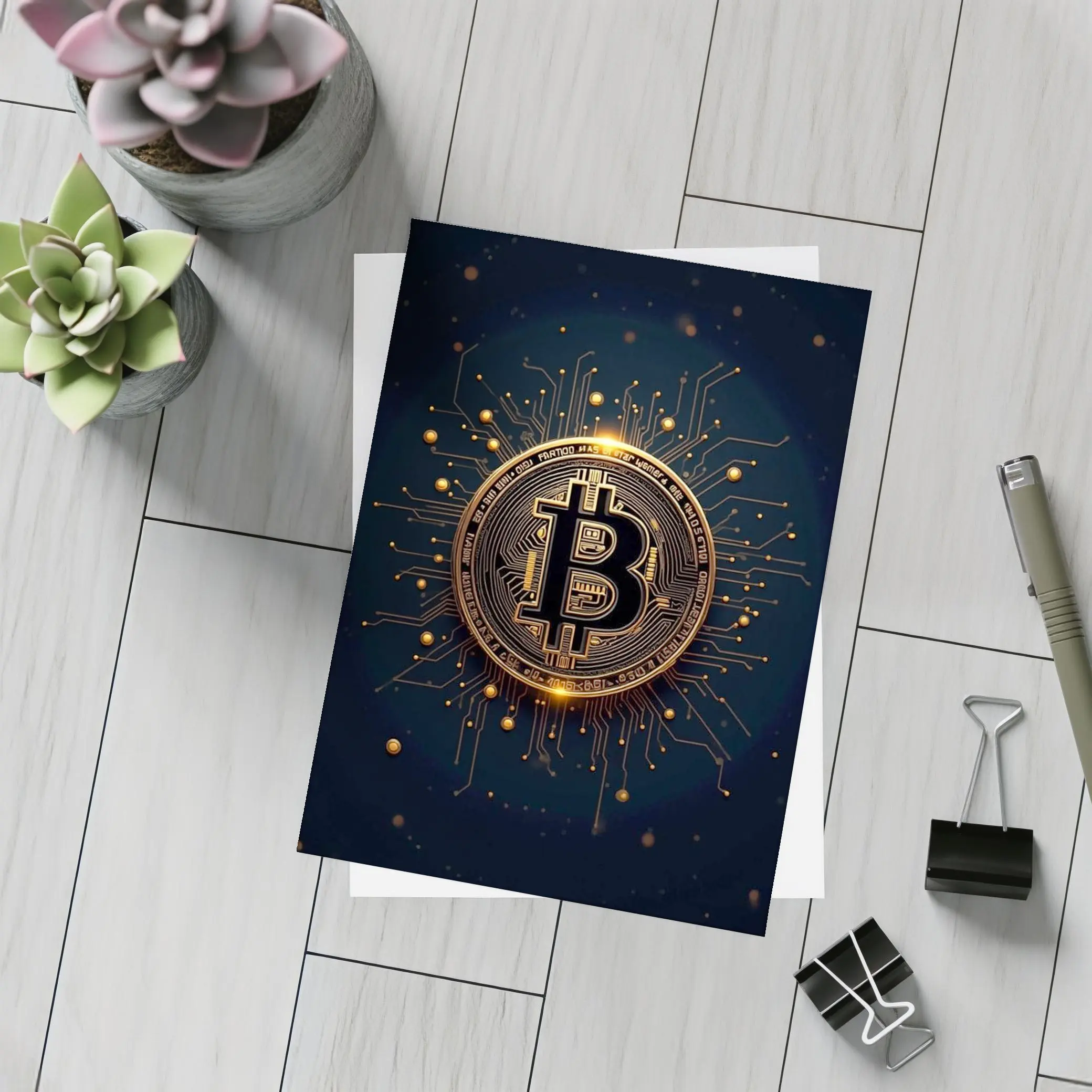 Bitcoin Gold Coin Circuit Board Dark Background – Postcards