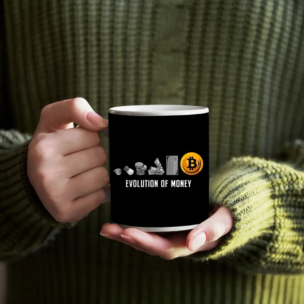 Evolution of Money Bitcoin Black Background – Mugs