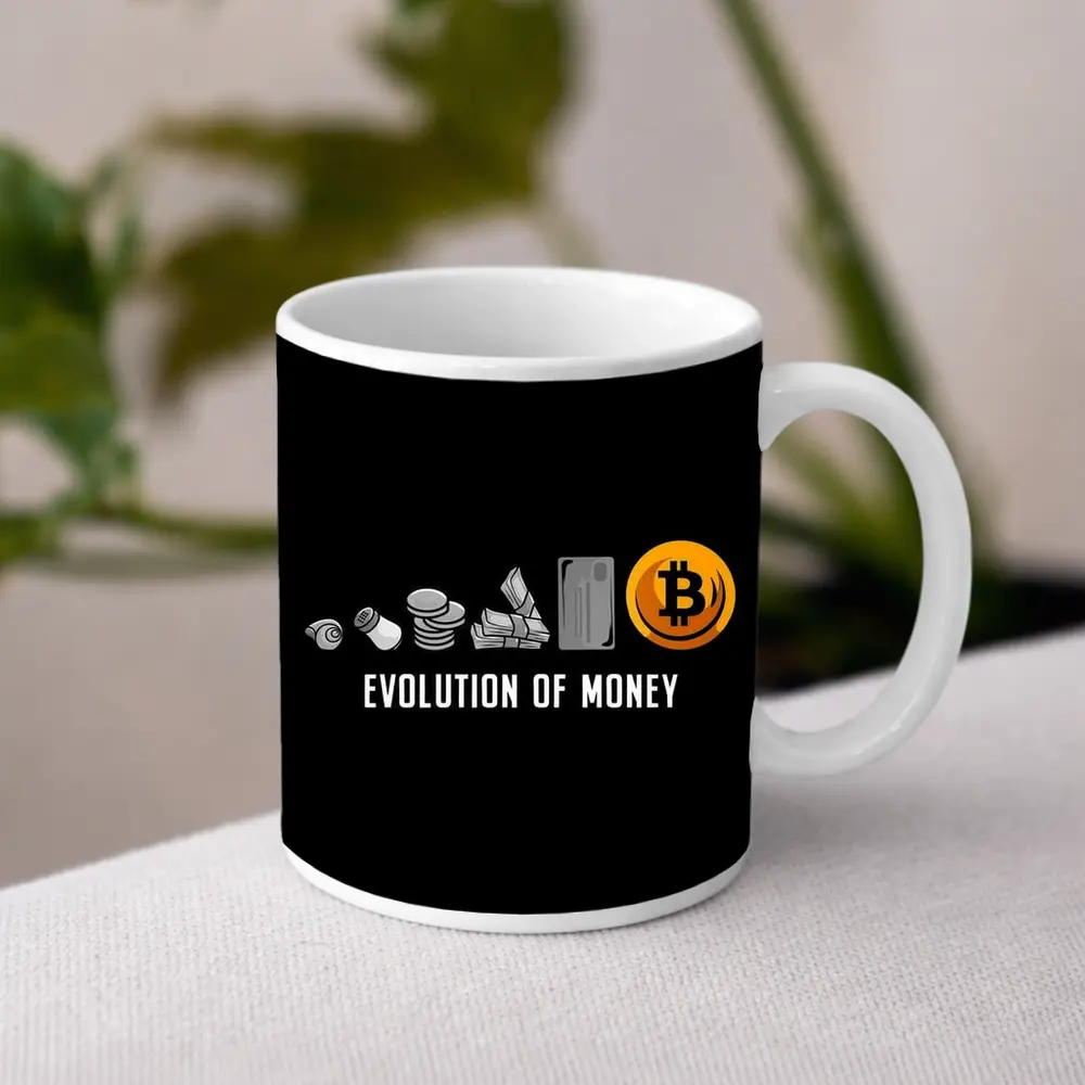 Evolution of Money Bitcoin Black Background – Mugs