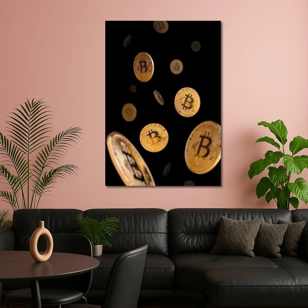 Gold Bitcoin Coins Falling Black Background – Wall Art