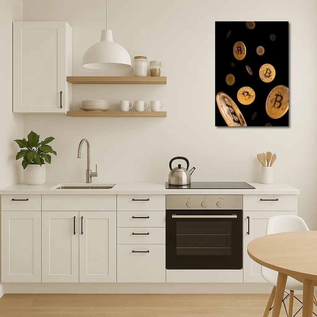 Gold Bitcoin Coins Falling Black Background – Wall Art