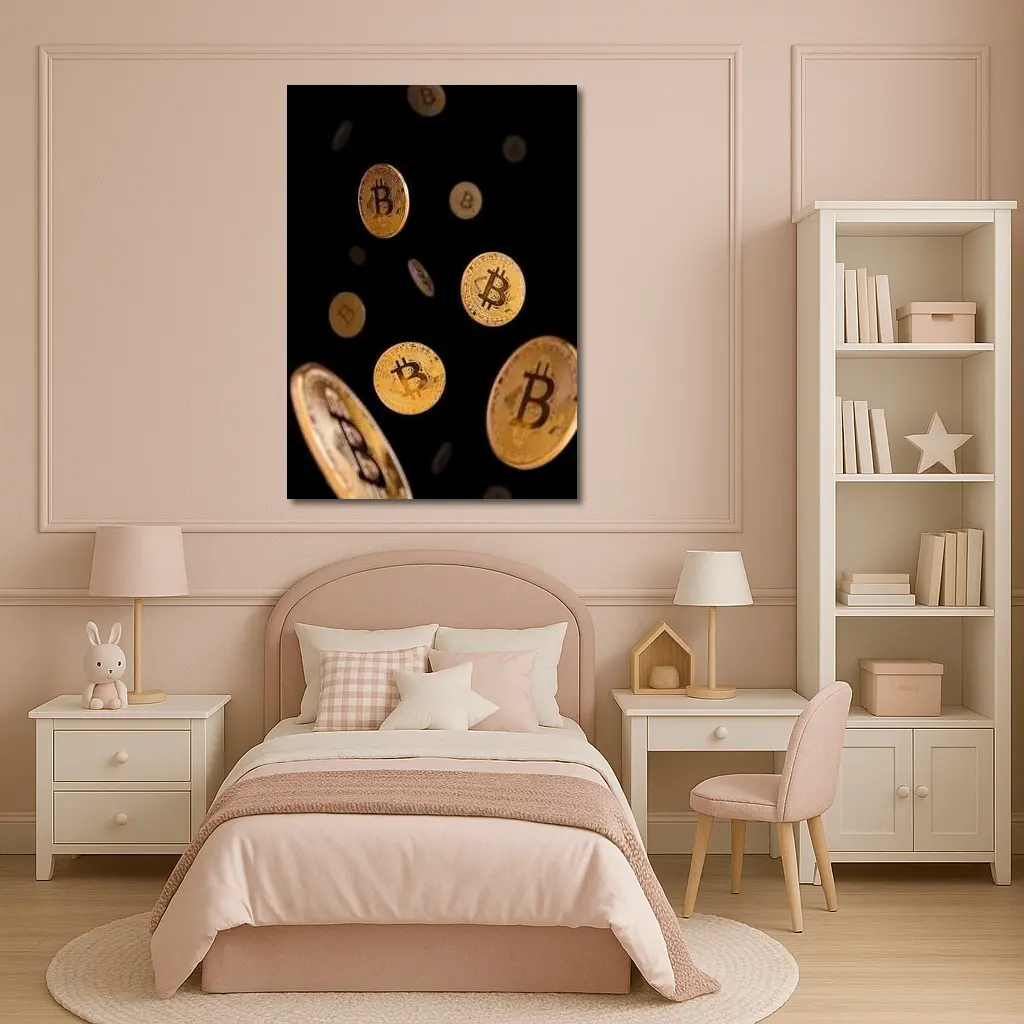 Gold Bitcoin Coins Falling Black Background – Wall Art