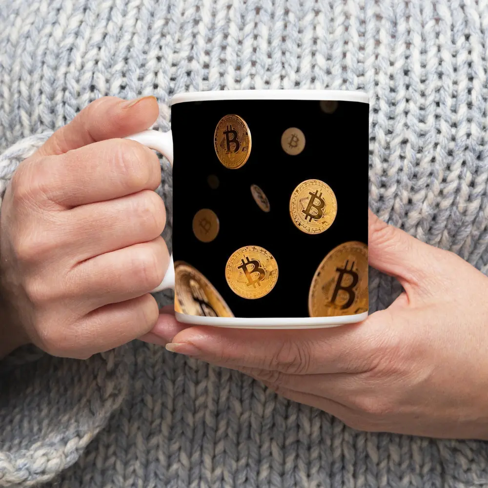 Gold Bitcoin Coins Falling Black Background – Mugs