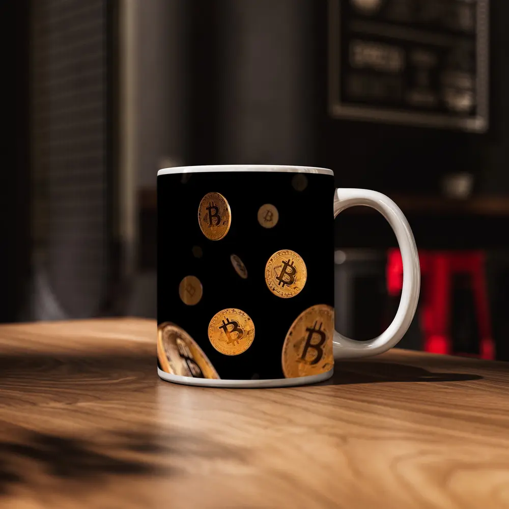 Gold Bitcoin Coins Falling Black Background – Mugs