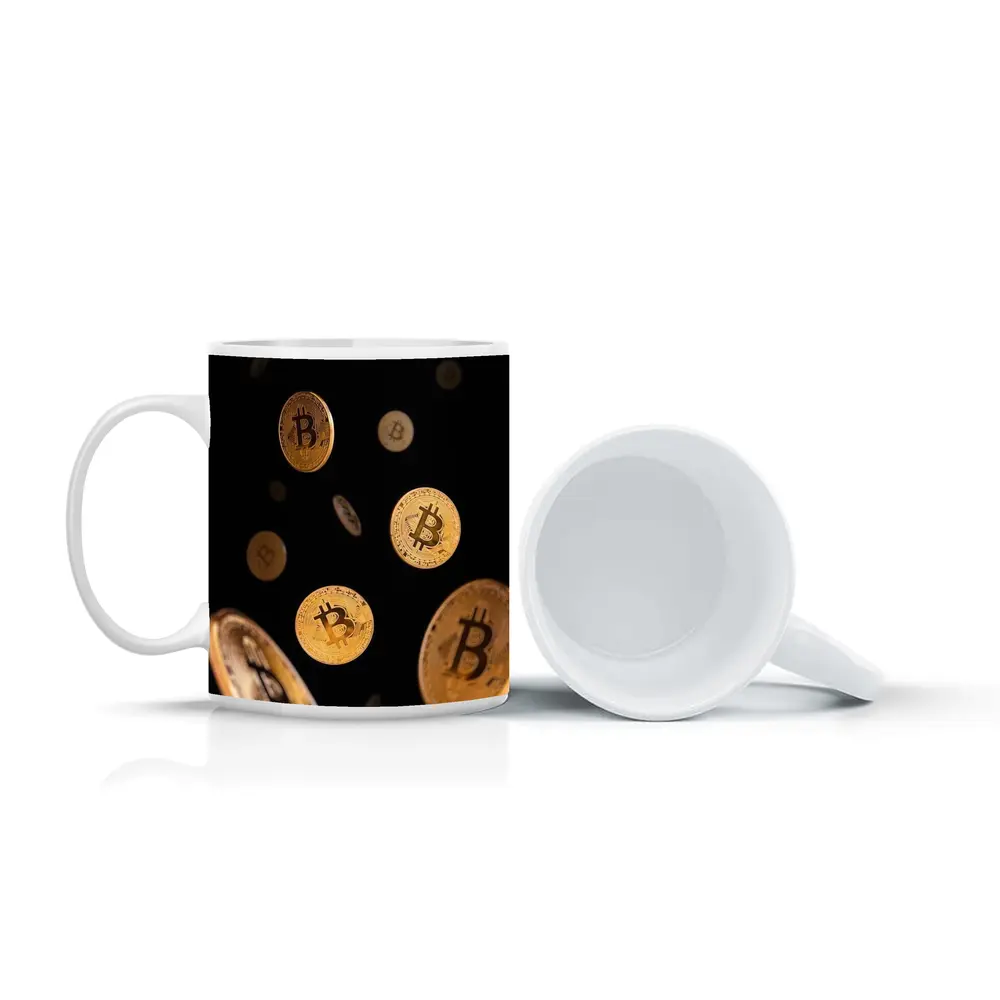 Gold Bitcoin Coins Falling Black Background – Mugs