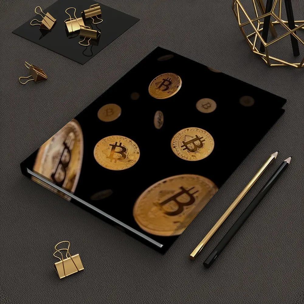Gold Bitcoin Coins Falling Black Background – Notebooks