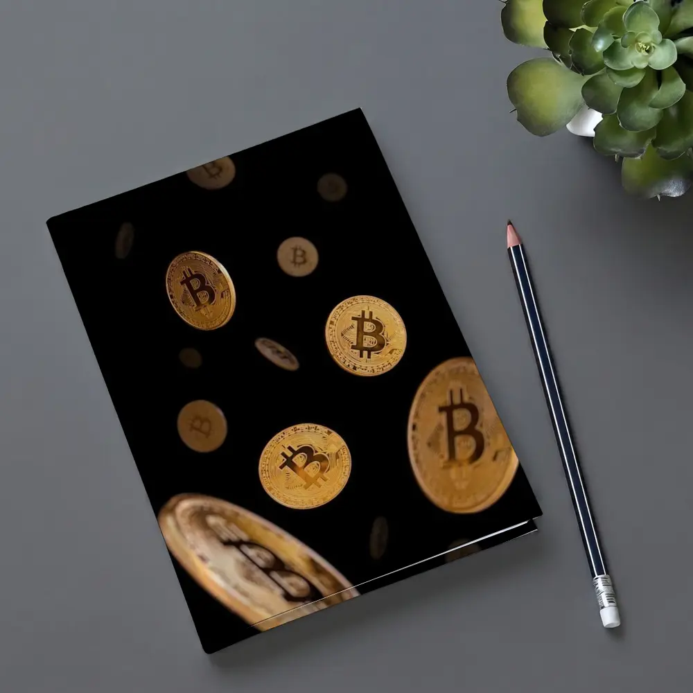 Gold Bitcoin Coins Falling Black Background – Notebooks