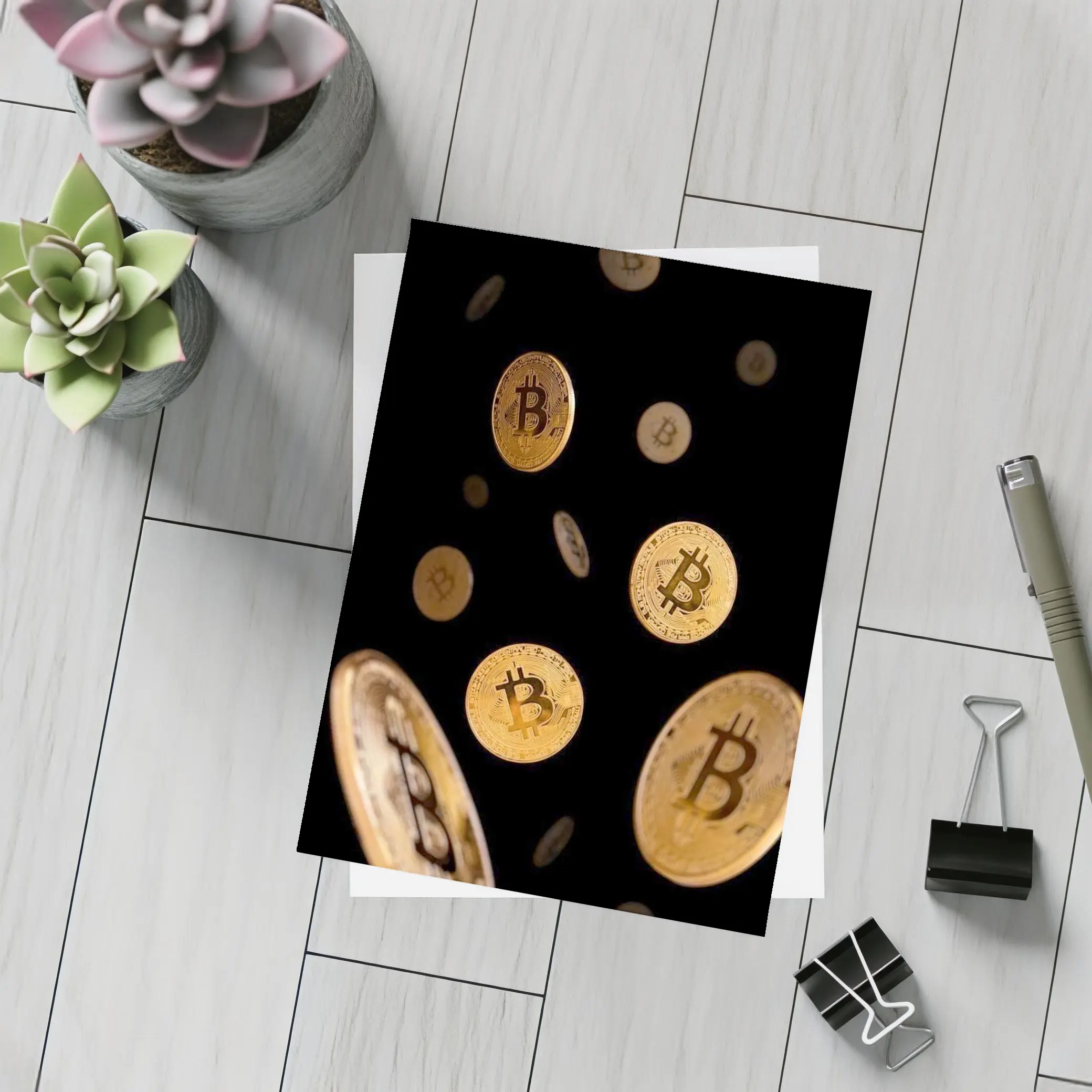 Gold Bitcoin Coins Falling Black Background – Postcards