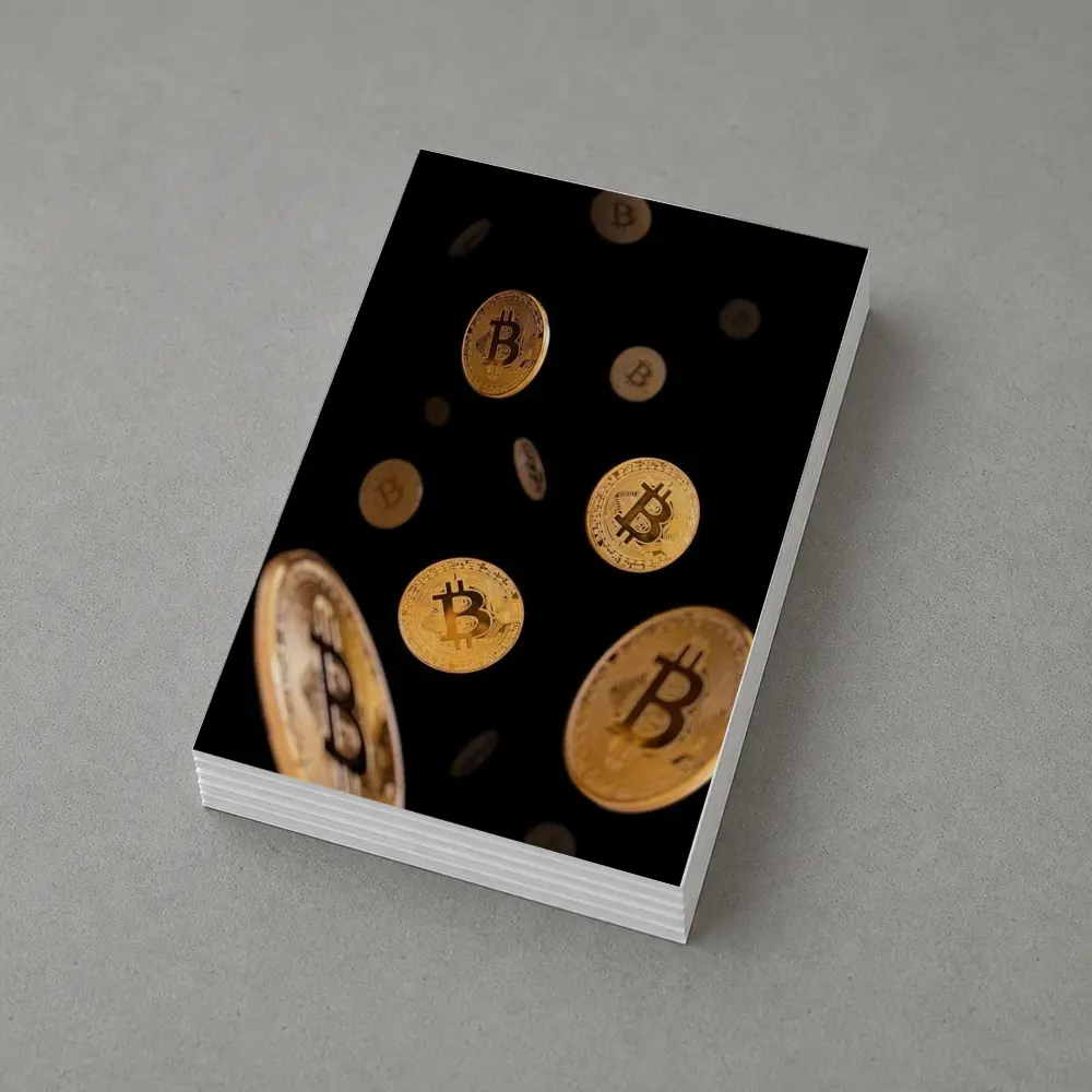 Gold Bitcoin Coins Falling Black Background – Postcards