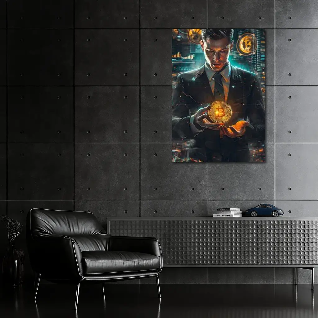 Businessman Holding Glowing Bitcoin Crypto City – Wall Art