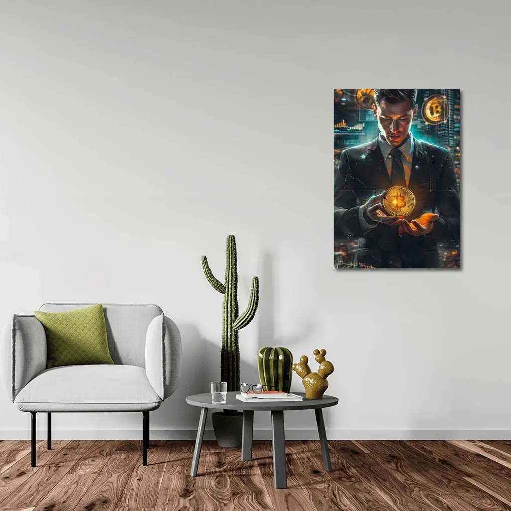 Businessman Holding Glowing Bitcoin Crypto City – Wall Art
