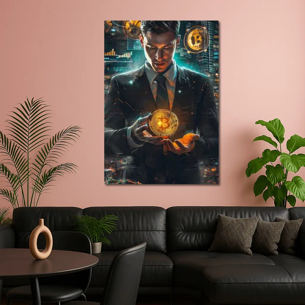 Businessman Holding Glowing Bitcoin Crypto City – Wall Art