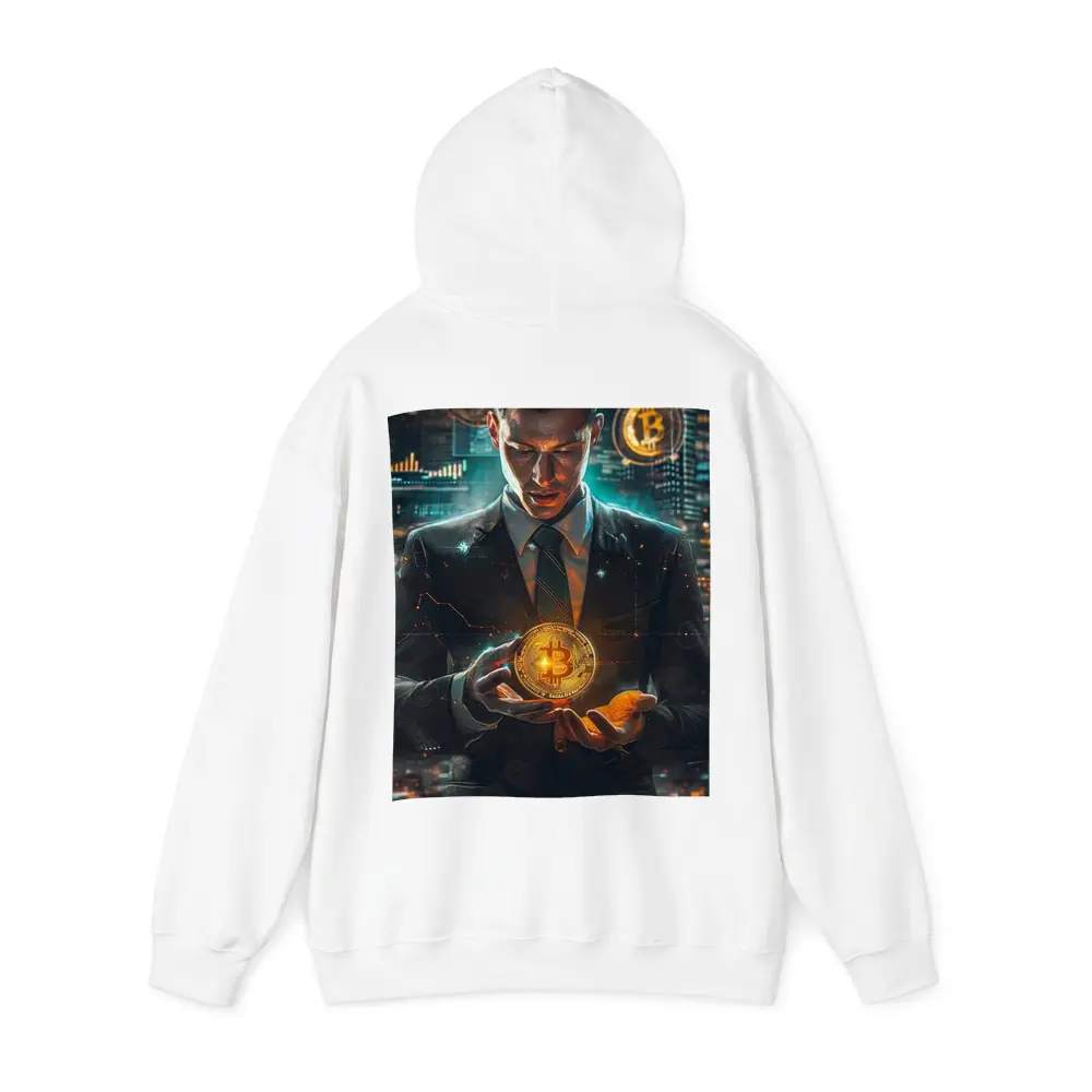 Businessman Holding Glowing Bitcoin Crypto City – Hoodies