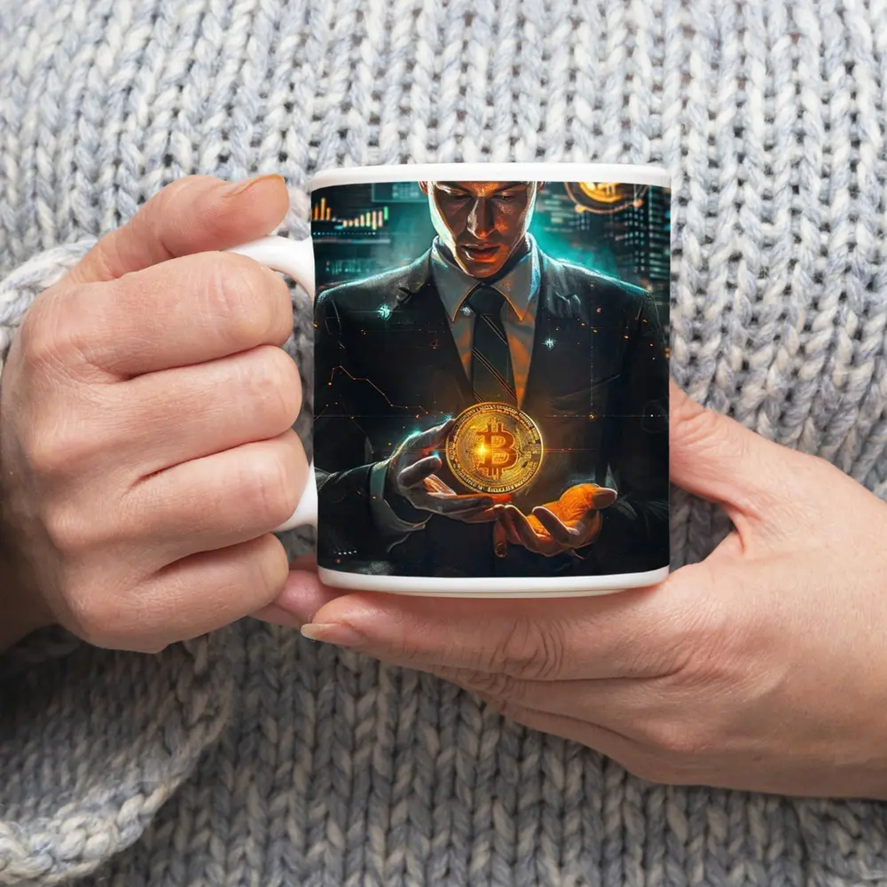 Businessman Holding Glowing Bitcoin Crypto City – Mugs