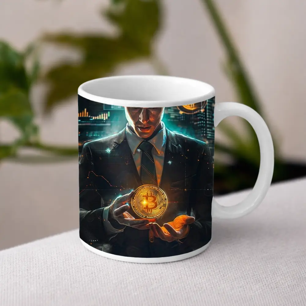 Businessman Holding Glowing Bitcoin Crypto City – Mugs