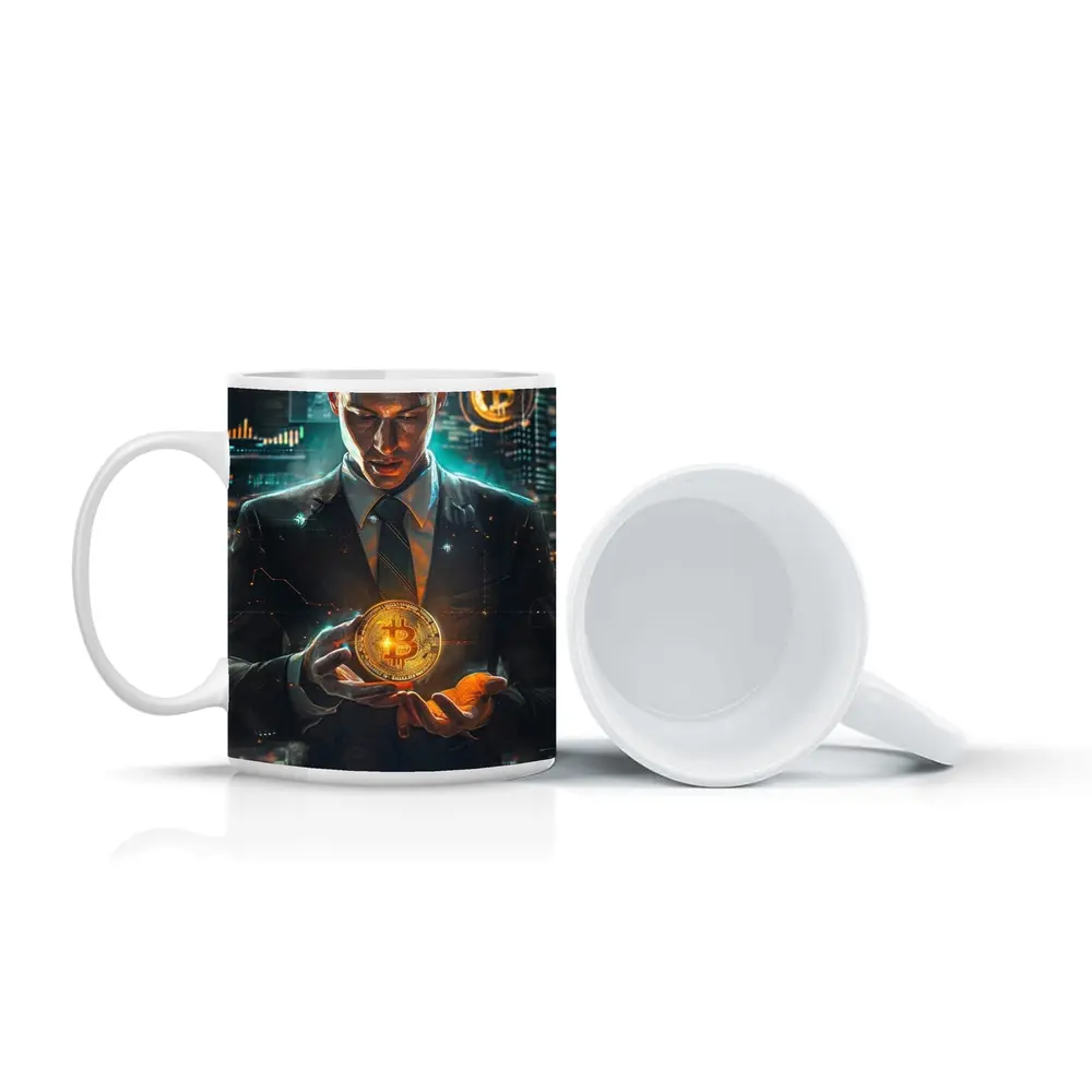 Businessman Holding Glowing Bitcoin Crypto City – Mugs