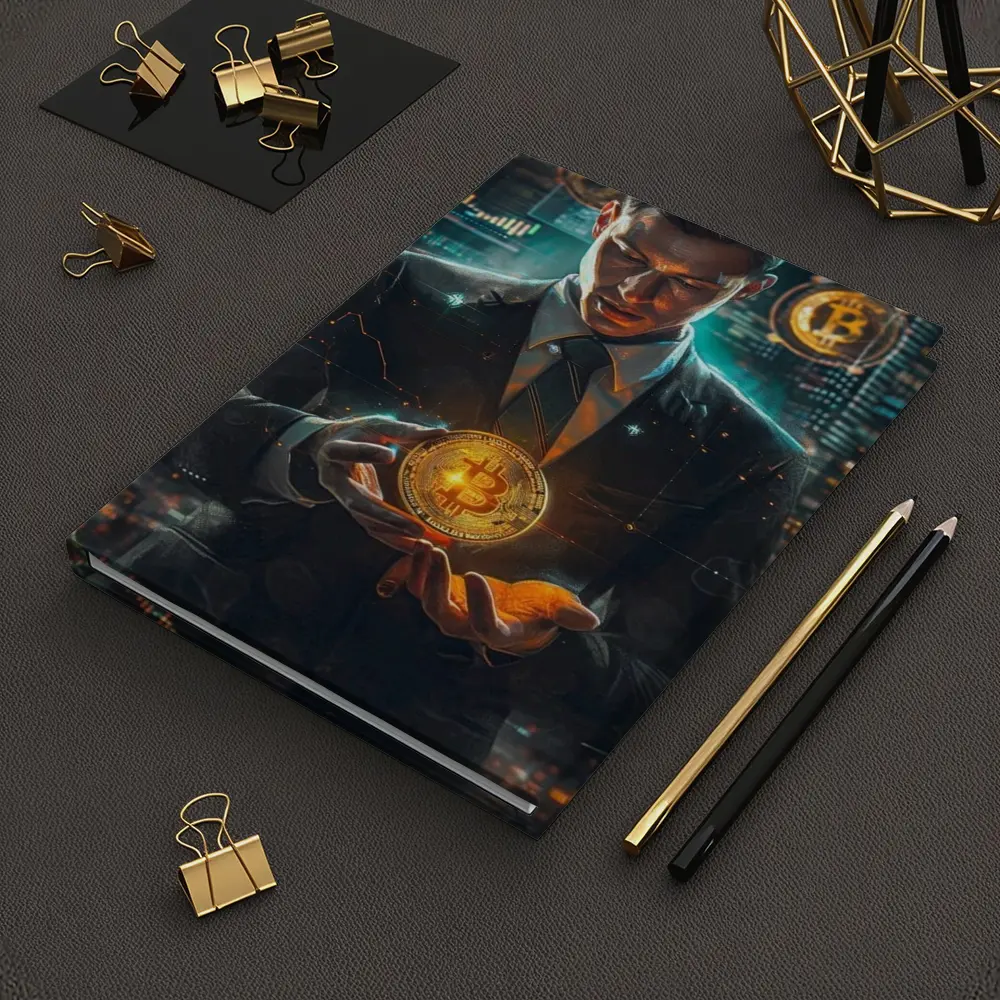 Businessman Holding Glowing Bitcoin Crypto City – Notebooks