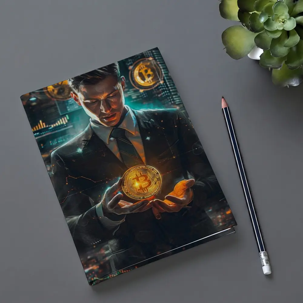 Businessman Holding Glowing Bitcoin Crypto City – Notebooks