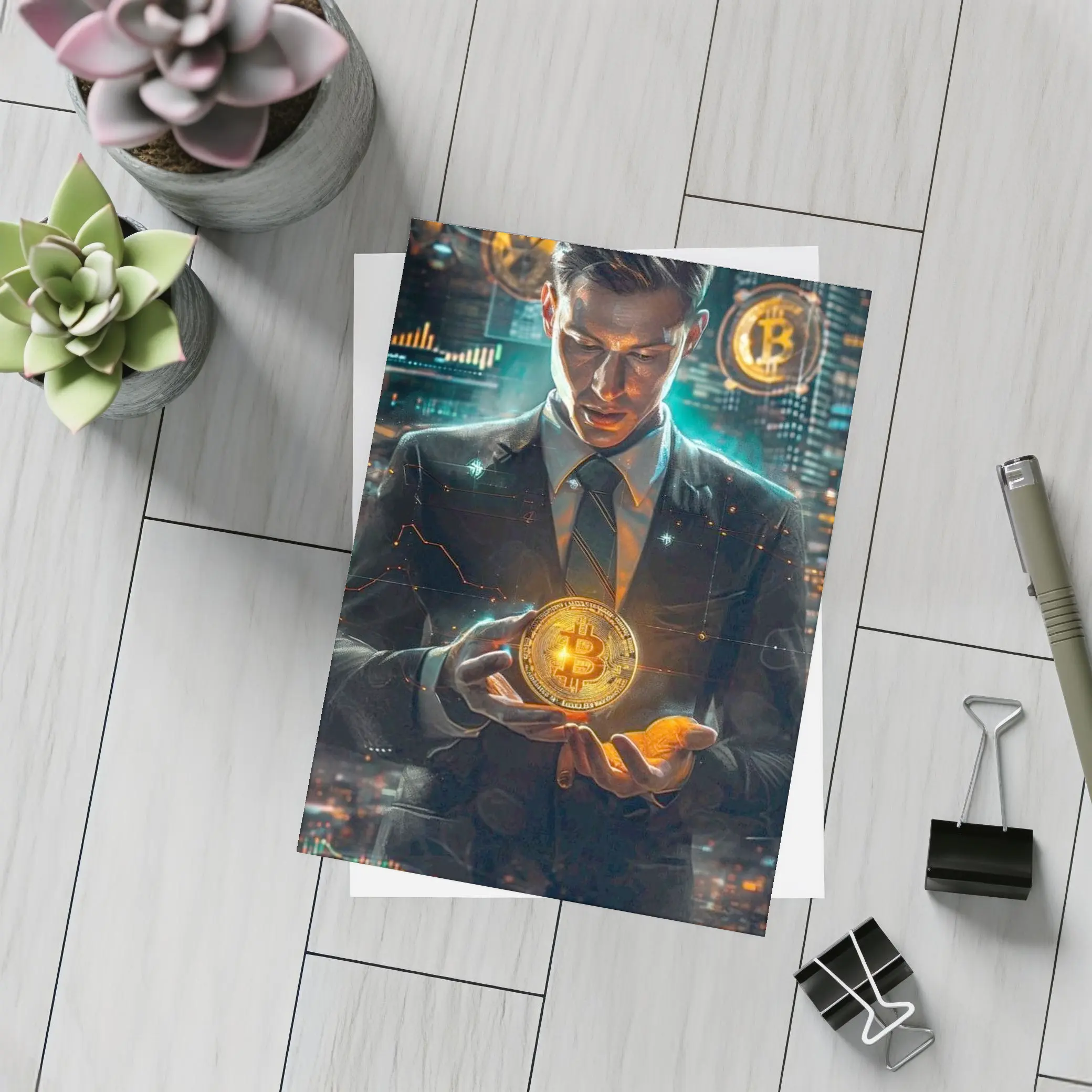Businessman Holding Glowing Bitcoin Crypto City – Postcards