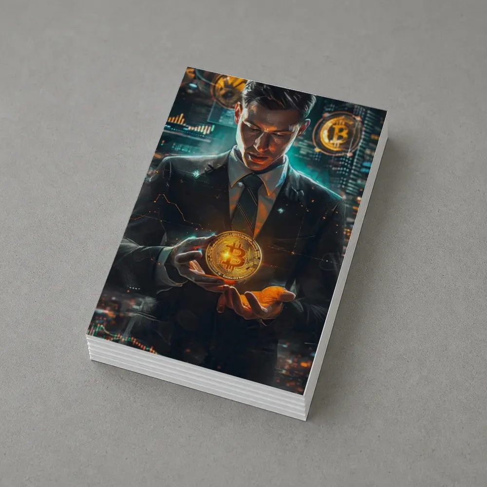 Businessman Holding Glowing Bitcoin Crypto City – Postcards