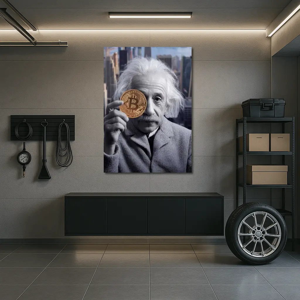 Einstein Holding Bitcoin Coin City Background – Wall Art