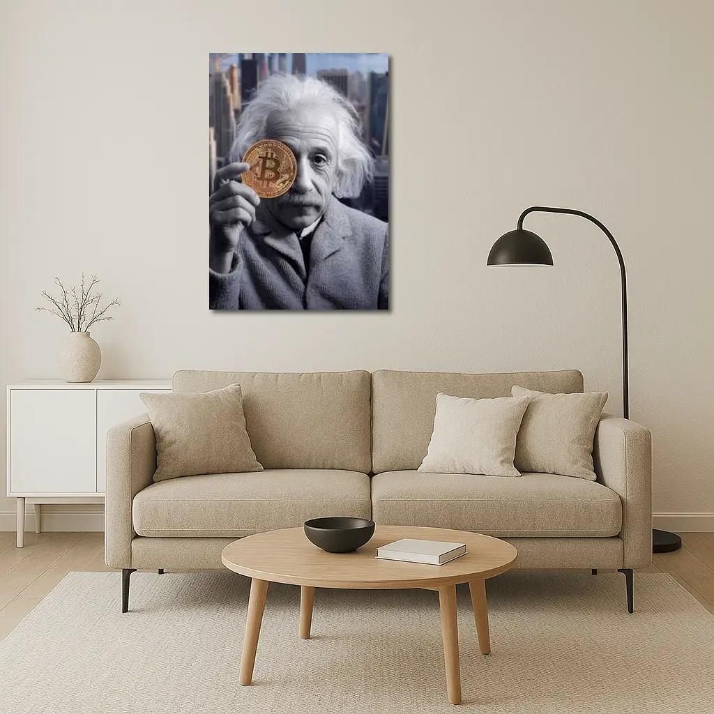 Einstein Holding Bitcoin Coin City Background – Wall Art