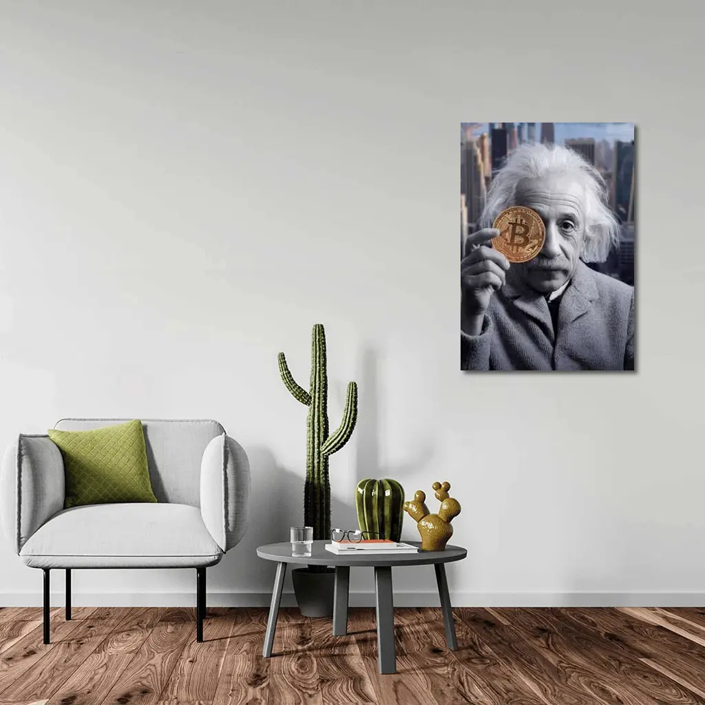 Einstein Holding Bitcoin Coin City Background – Wall Art