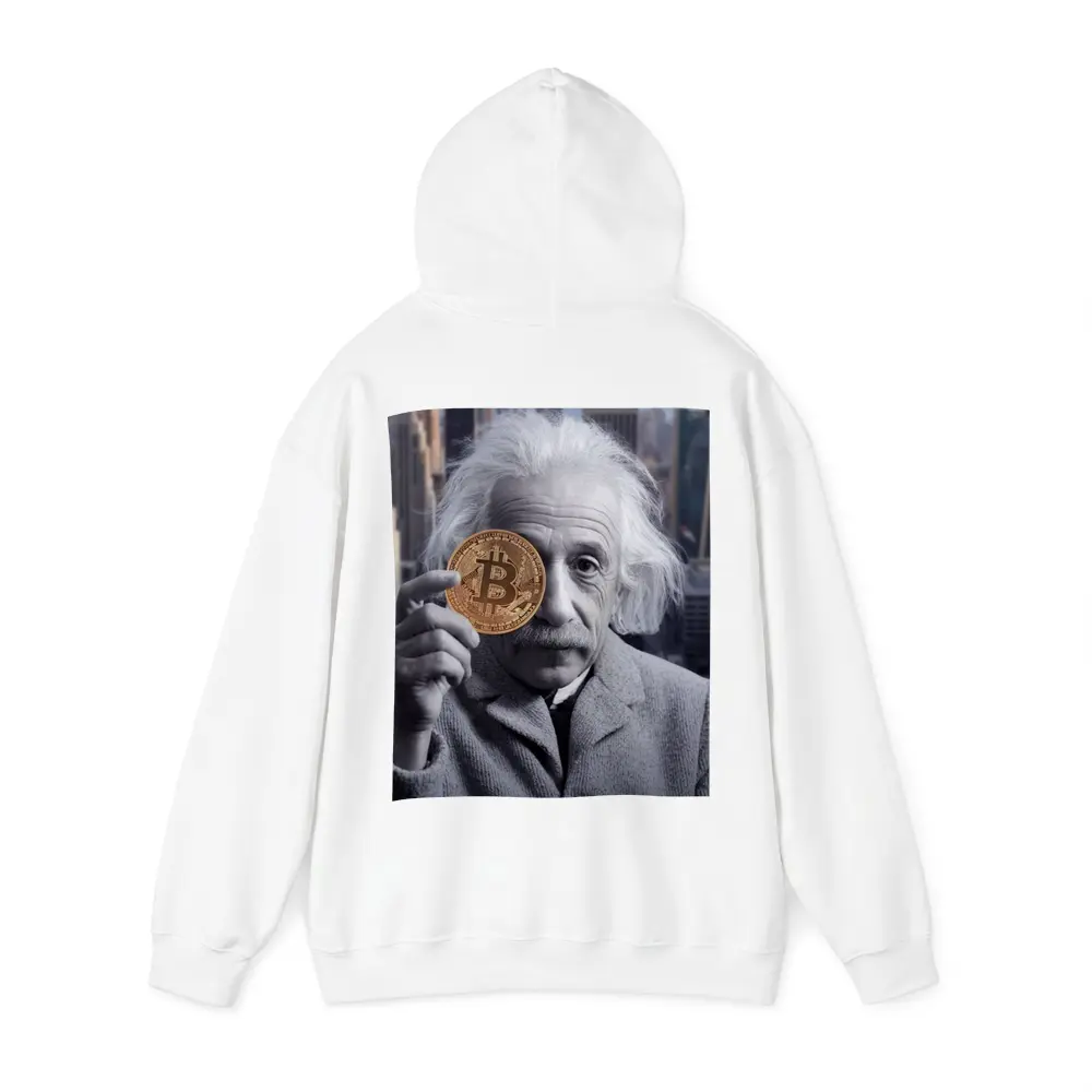 Einstein Holding Bitcoin Coin City Background – Hoodies