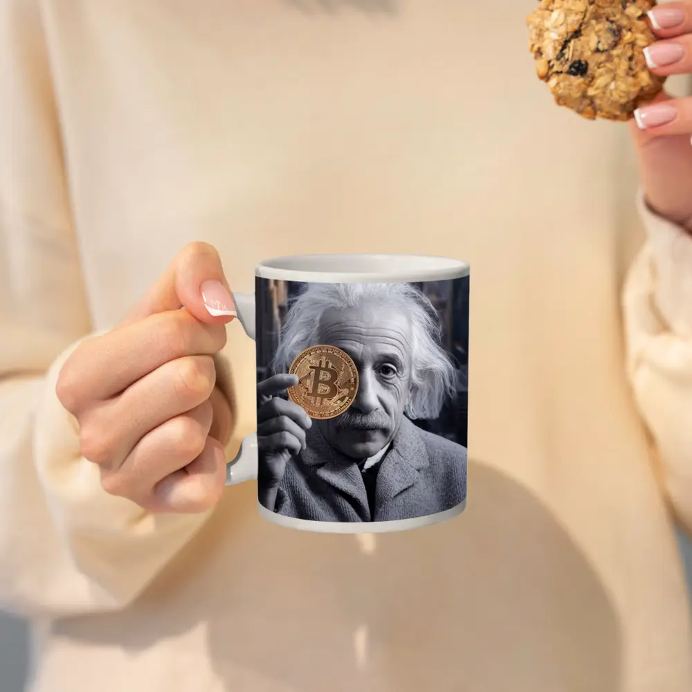 Einstein Holding Bitcoin Coin City Background – Mugs