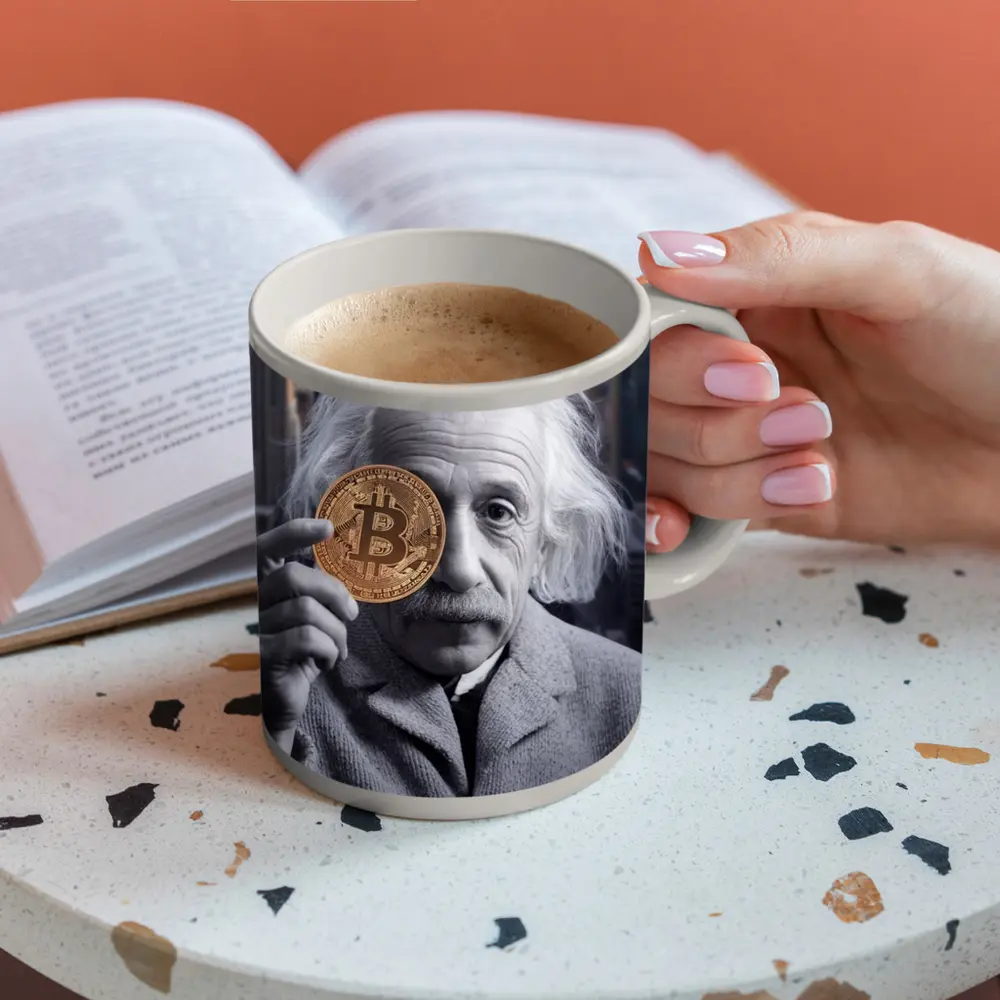 Einstein Holding Bitcoin Coin City Background – Mugs