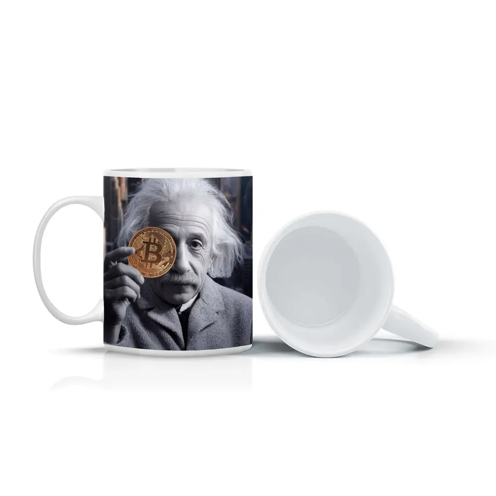 Einstein Holding Bitcoin Coin City Background – Mugs