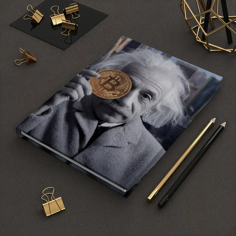 Einstein Holding Bitcoin Coin City Background – Notebooks