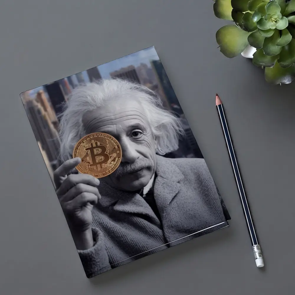 Einstein Holding Bitcoin Coin City Background – Notebooks