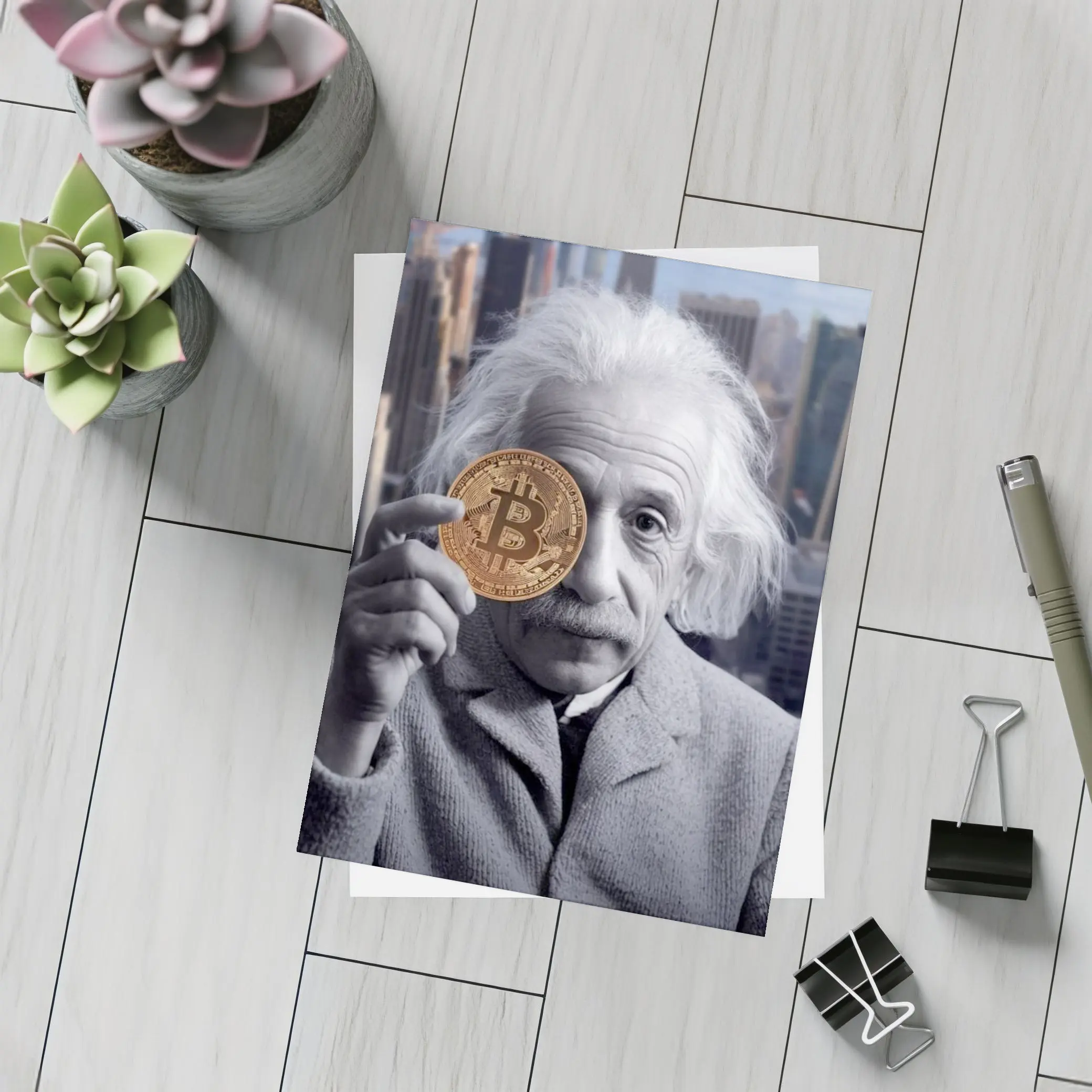 Einstein Holding Bitcoin Coin City Background – Postcards
