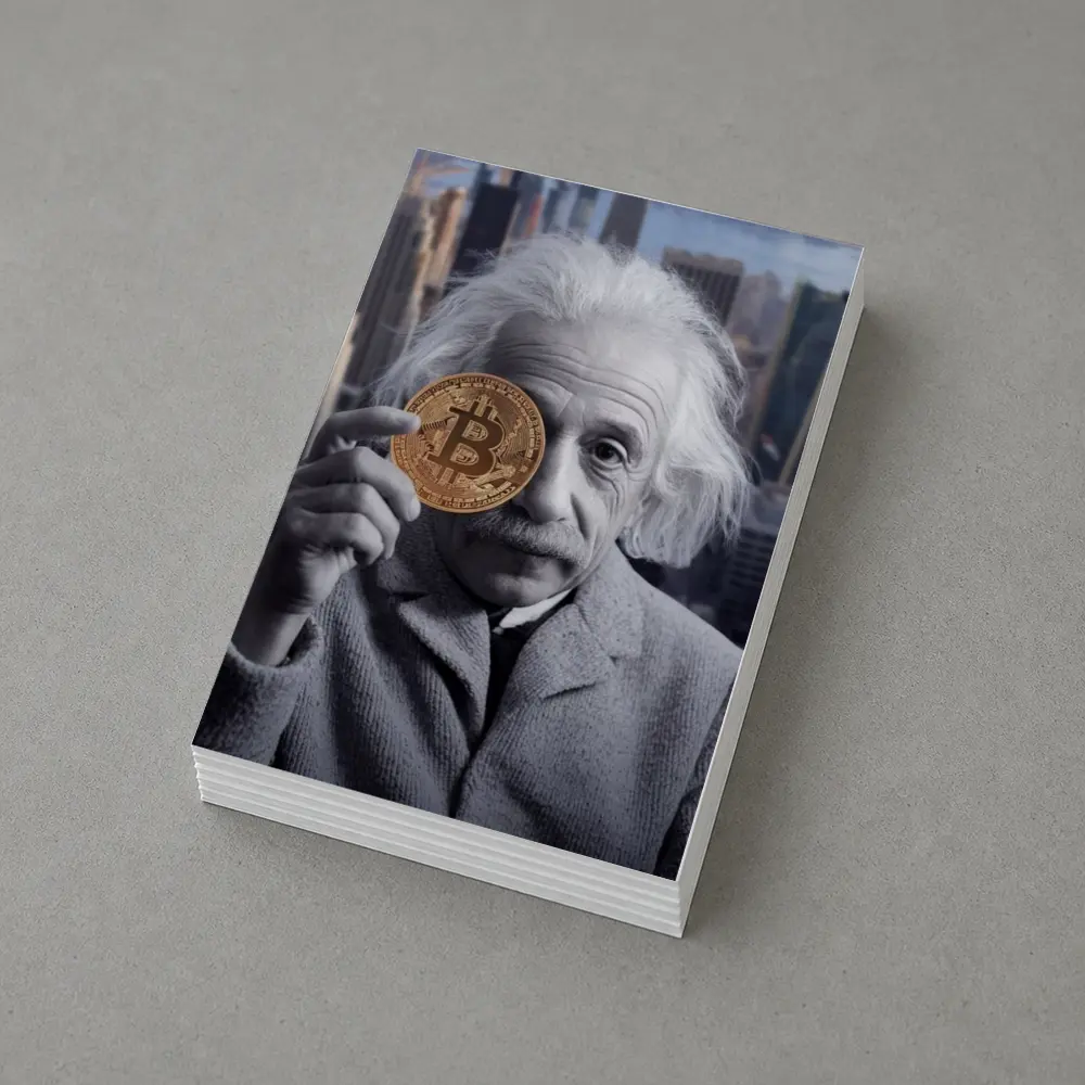 Einstein Holding Bitcoin Coin City Background – Postcards