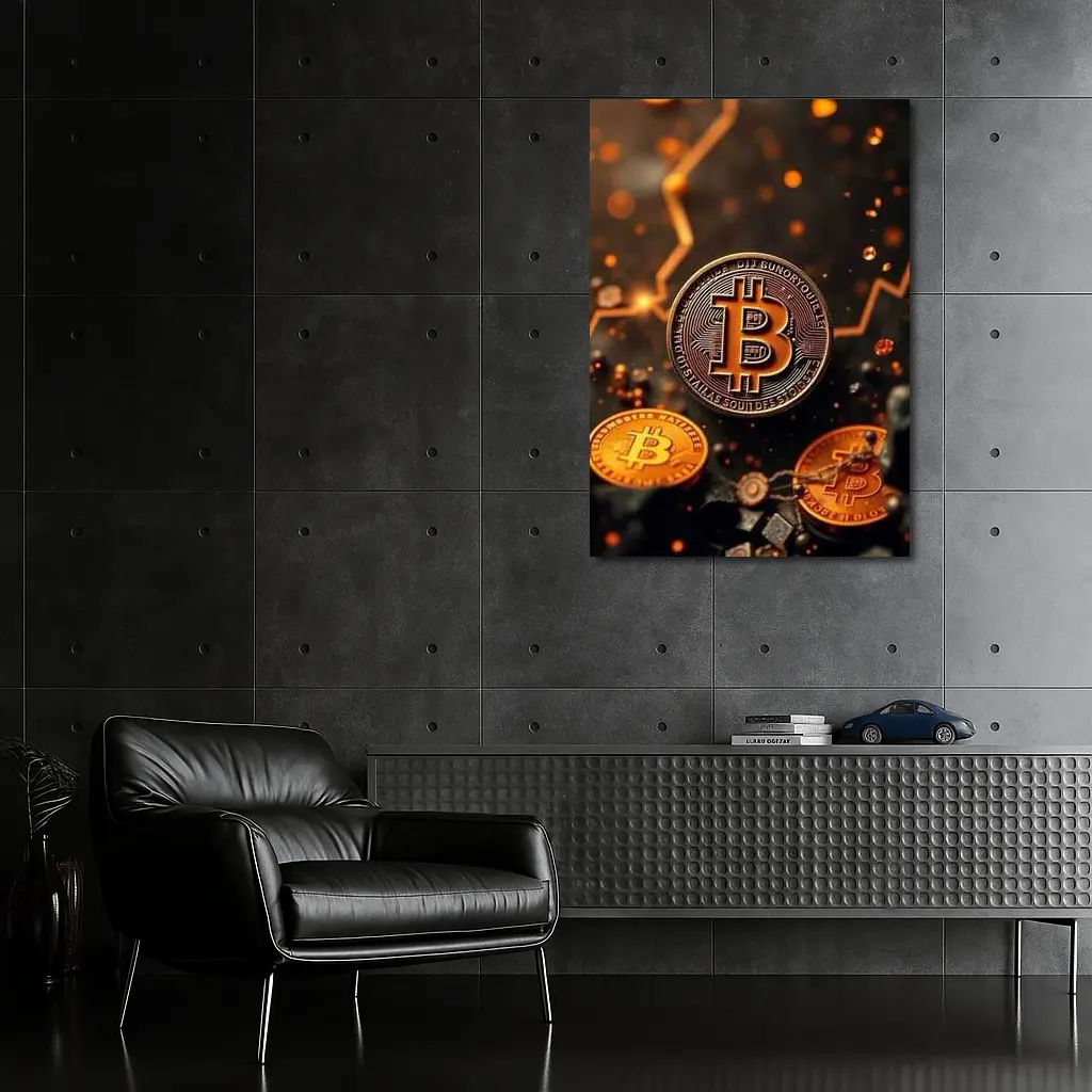 Bitcoin Gold Coins Dark Glowing Background – Wall Art