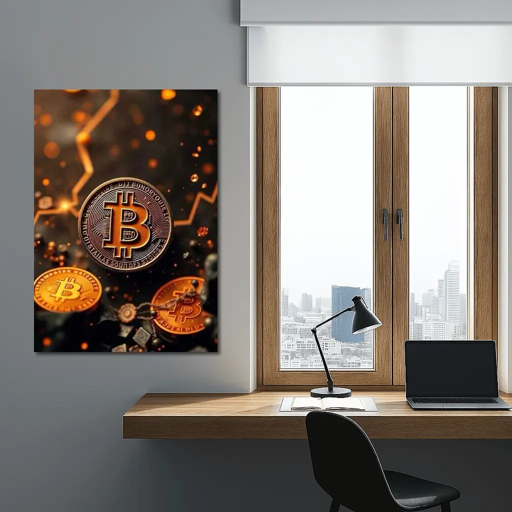 Bitcoin Gold Coins Dark Glowing Background – Wall Art