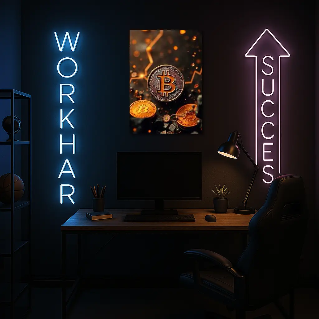 Bitcoin Gold Coins Dark Glowing Background – Wall Art