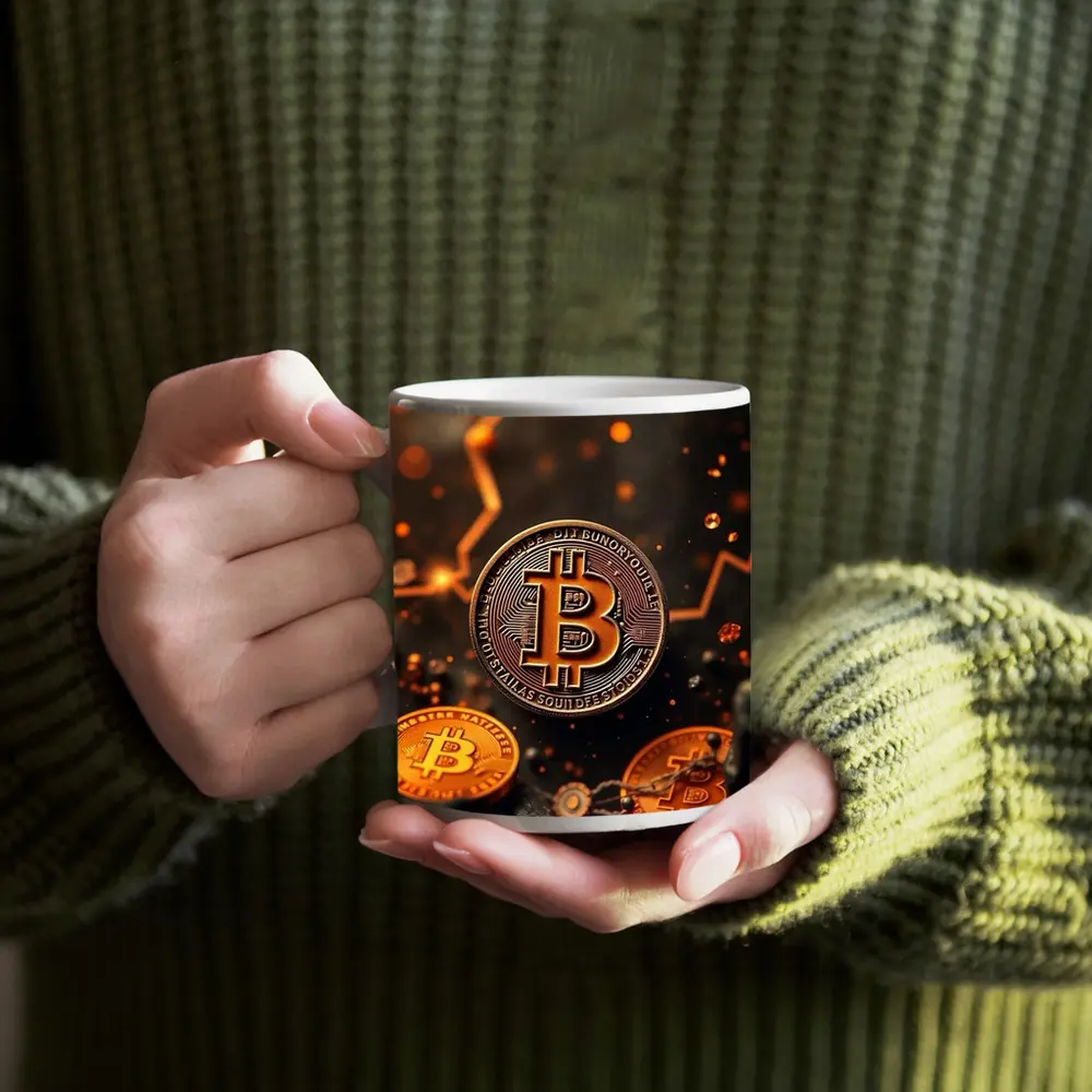 Bitcoin Gold Coins Dark Glowing Background – Mugs