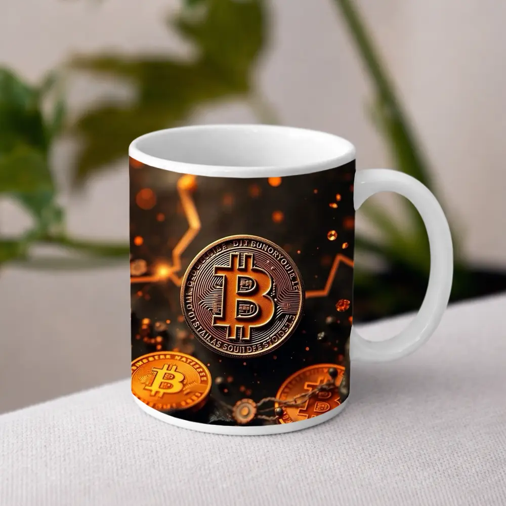 Bitcoin Gold Coins Dark Glowing Background – Mugs