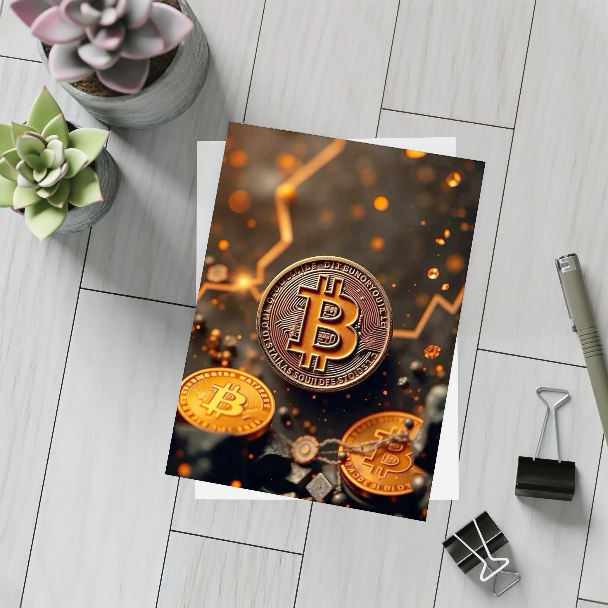 Bitcoin Gold Coins Dark Glowing Background – Postcards