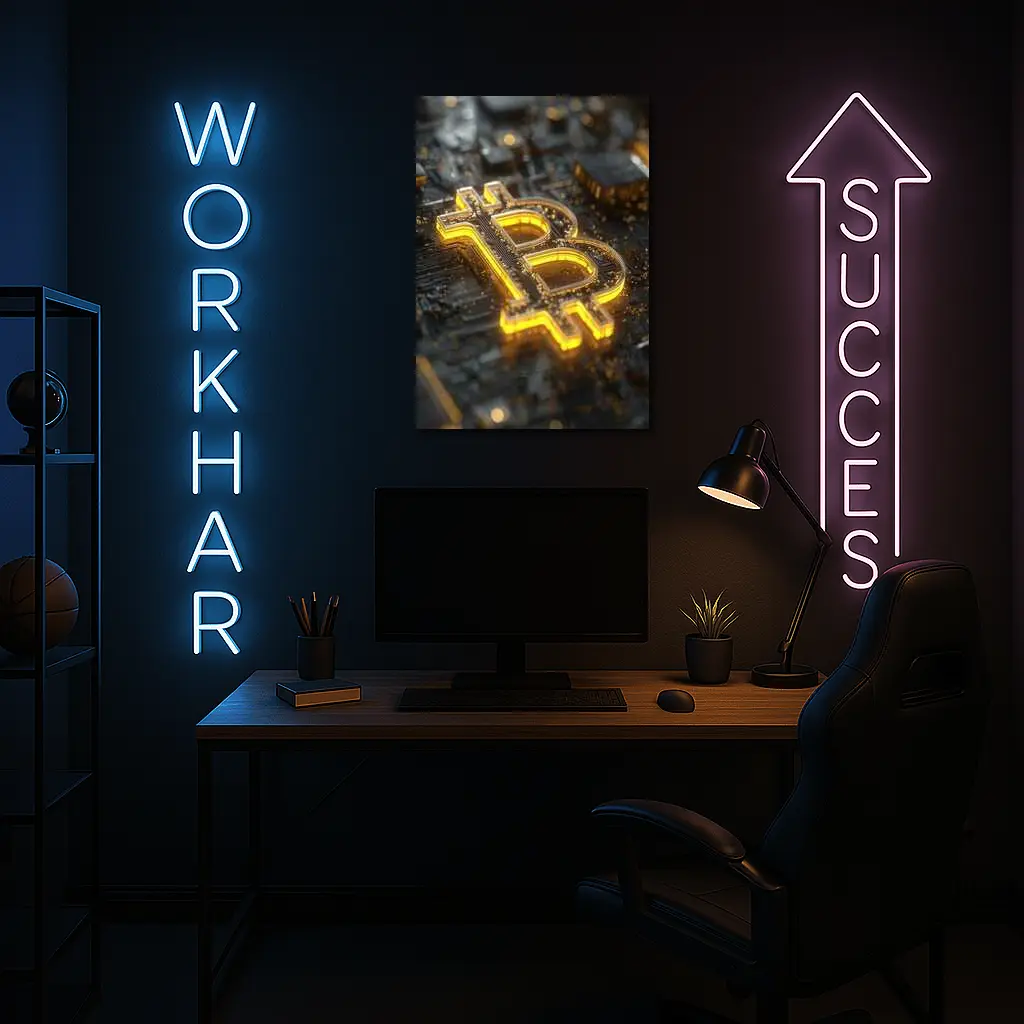 Gold Bitcoin Symbol On Dark Circuit Board – Wall Art