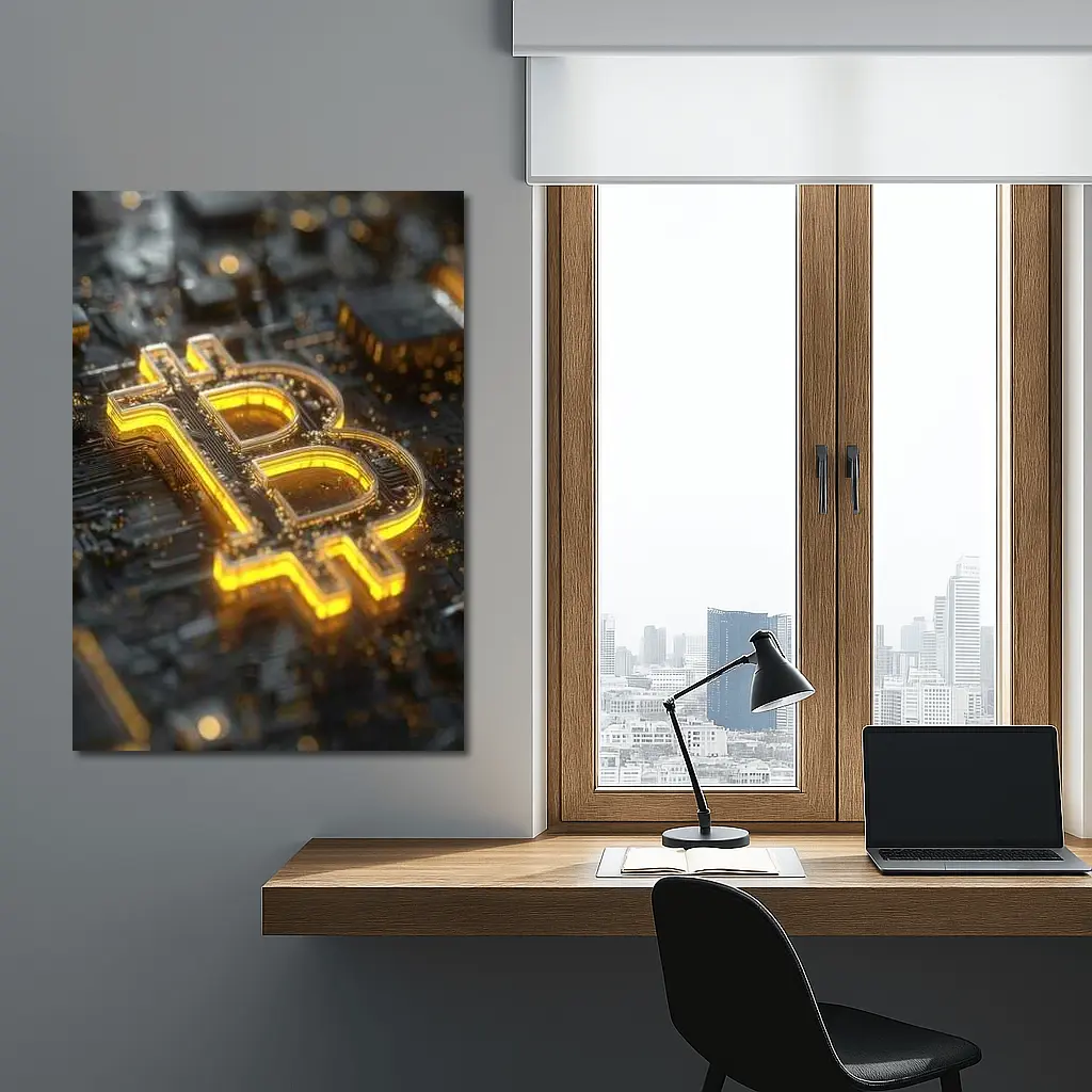 Gold Bitcoin Symbol On Dark Circuit Board – Wall Art