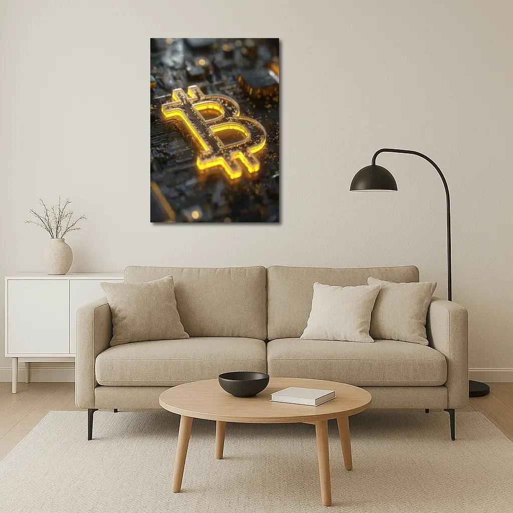 Gold Bitcoin Symbol On Dark Circuit Board – Wall Art