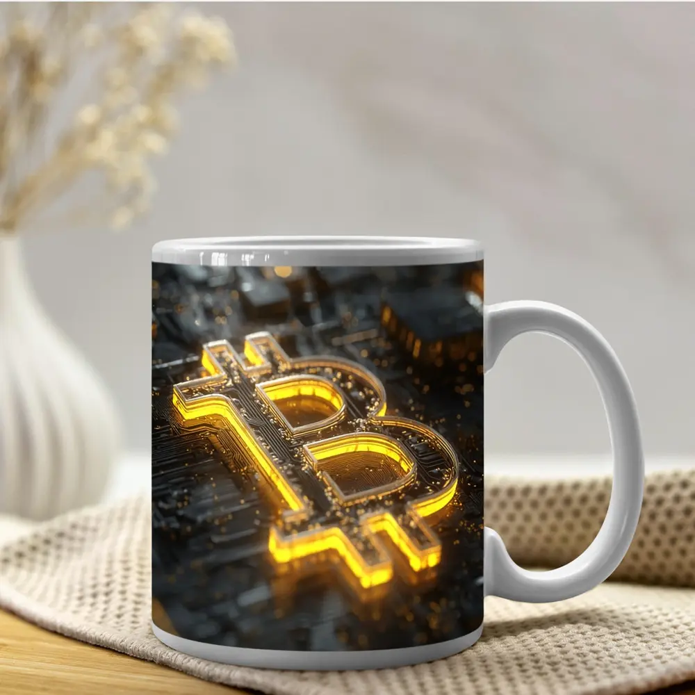 Gold Bitcoin Symbol On Dark Circuit Board – Mugs