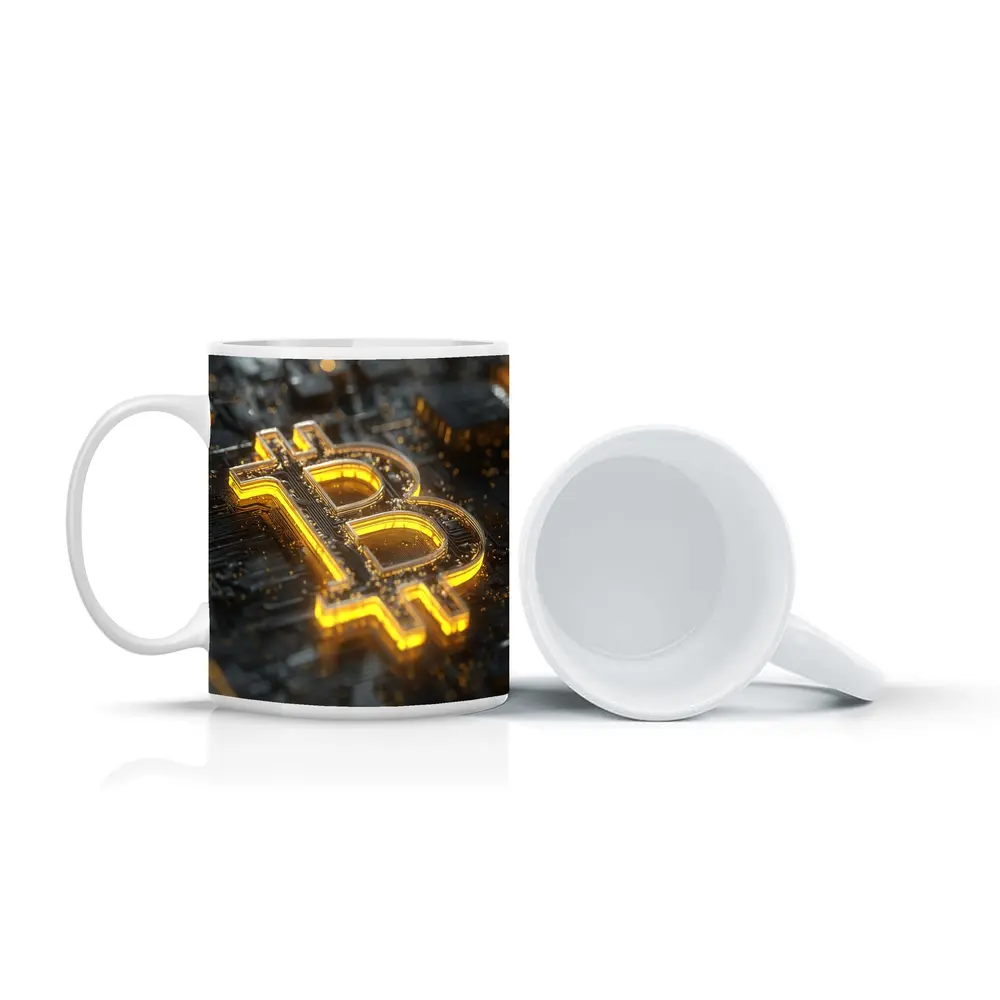 Gold Bitcoin Symbol On Dark Circuit Board – Mugs