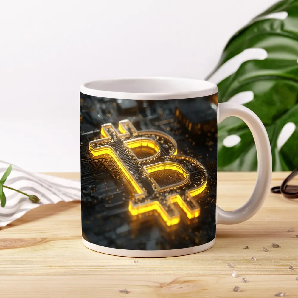 Gold Bitcoin Symbol On Dark Circuit Board – Mugs
