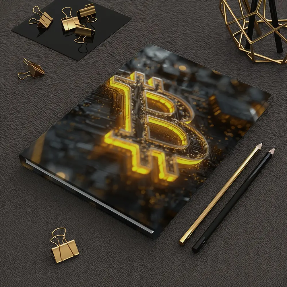 Gold Bitcoin Symbol On Dark Circuit Board – Notebooks