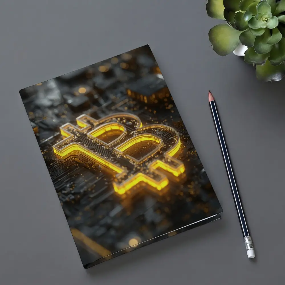 Gold Bitcoin Symbol On Dark Circuit Board – Notebooks