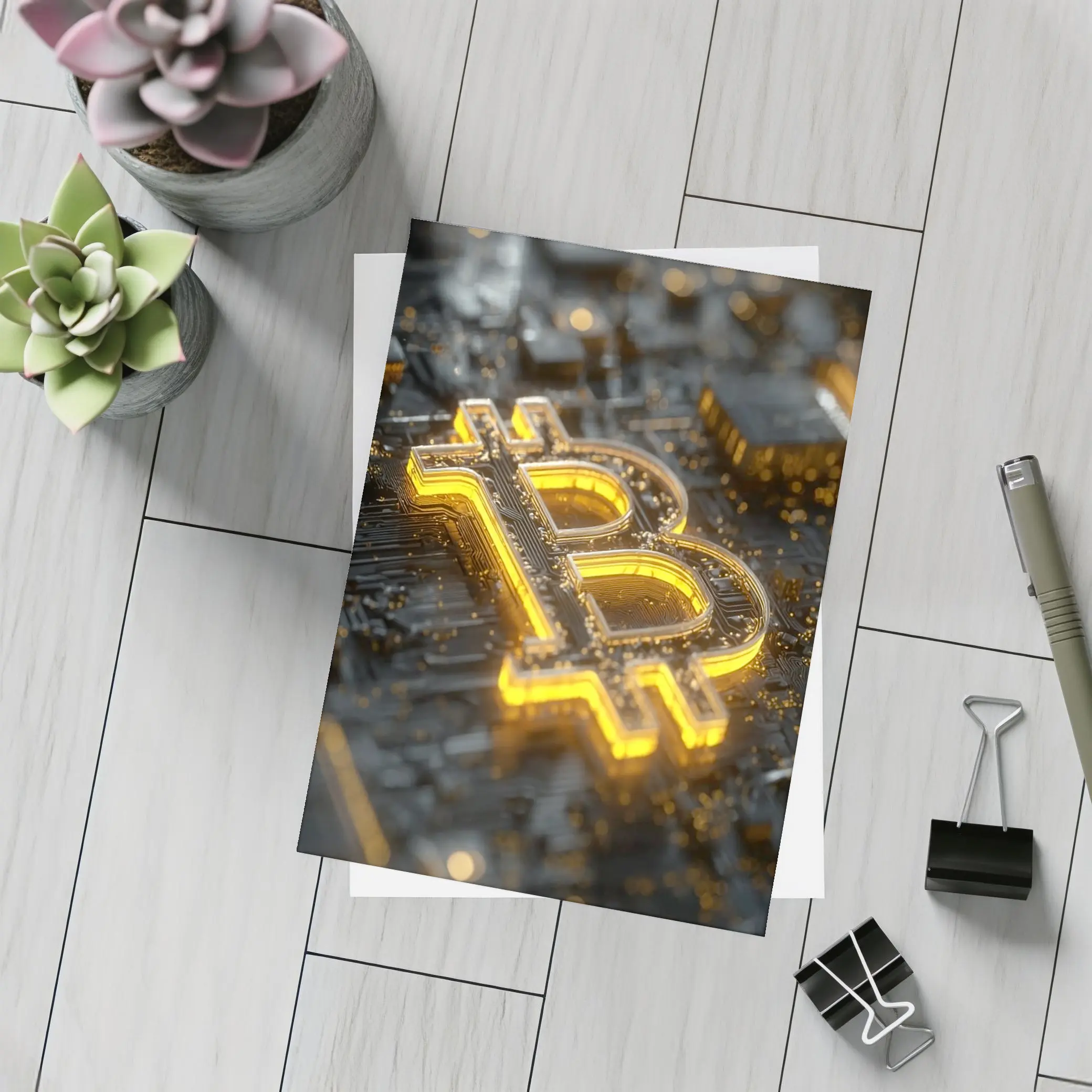 Gold Bitcoin Symbol On Dark Circuit Board – Postcards